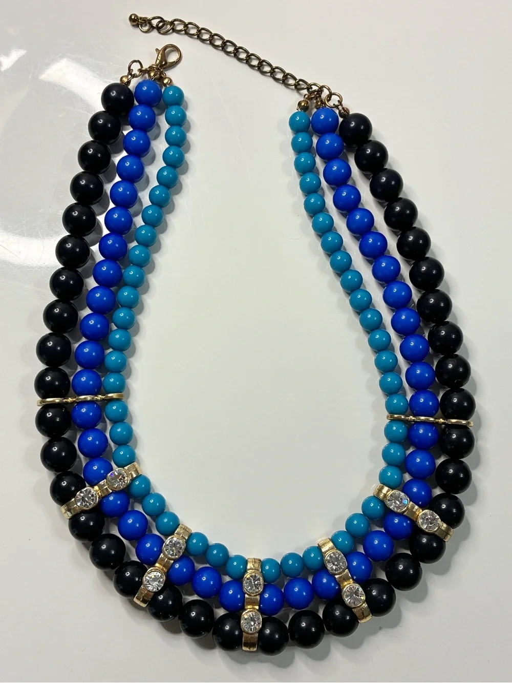 Triple-Strand Blue & Black Beaded Statement Party Necklace with Rhinestones EUC